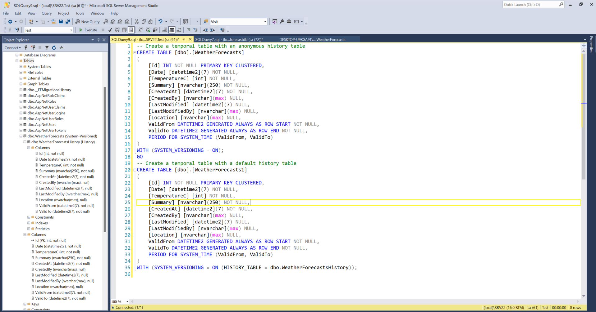 create a temporal table with a default history table 1